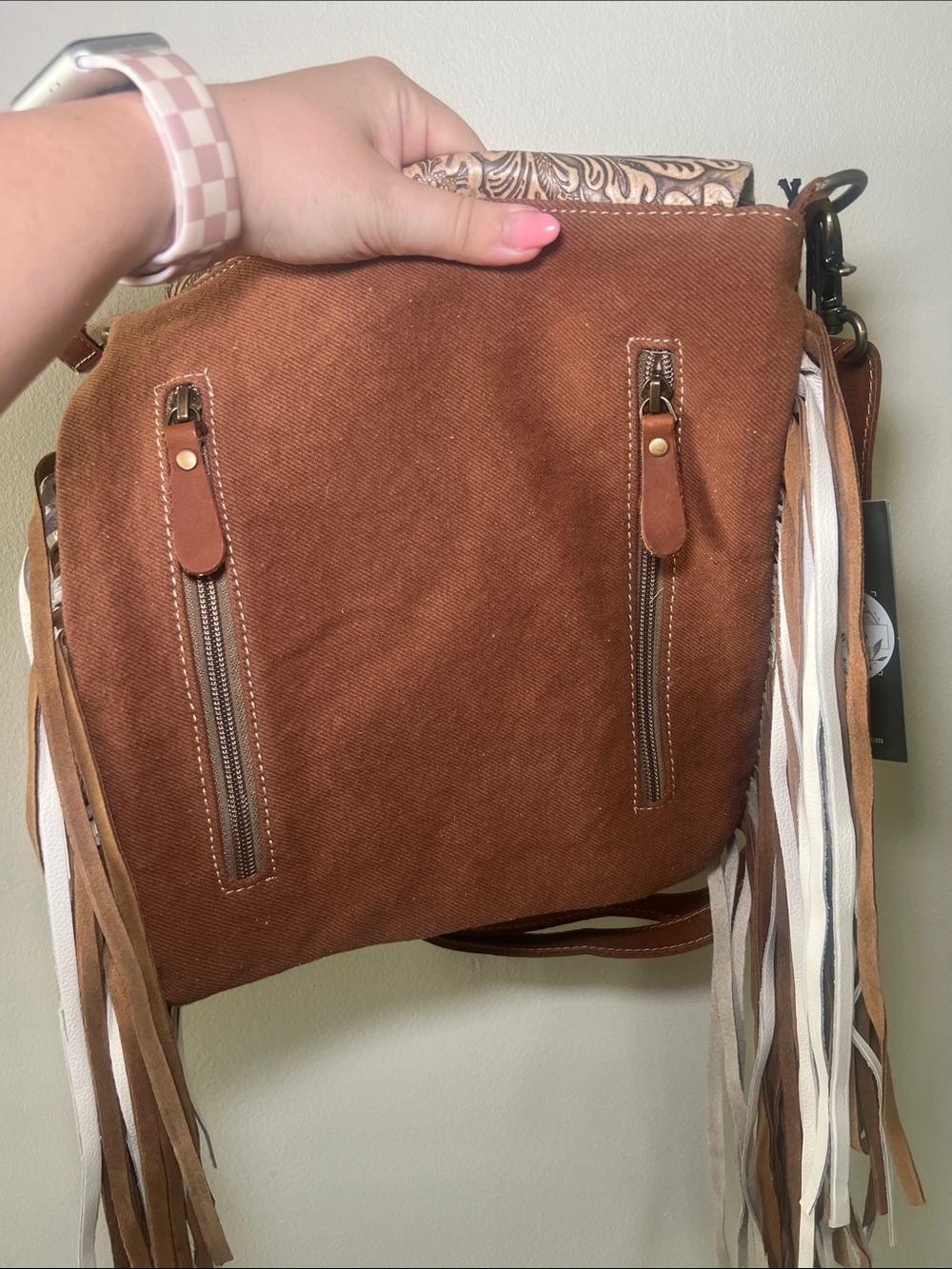 Myra Bag Brown Leather-Trim Fringe Crossbody with Patterned Weave - Picture 4 of 5